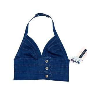 Blue Denim Halter Top with Button Accents